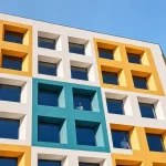 A building facade of repeating square windows in ochre, white and teal