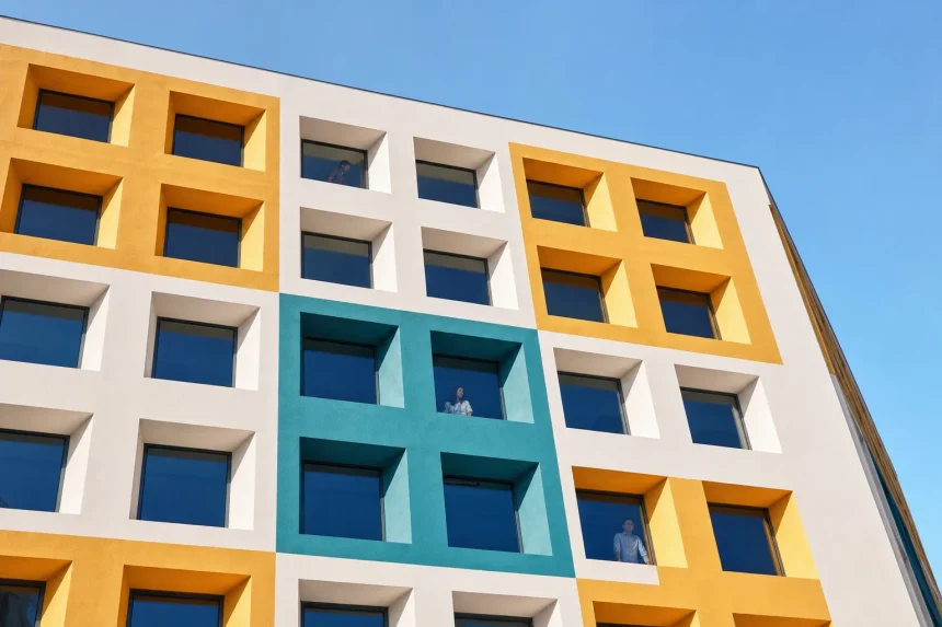 A building facade of repeating square windows in ochre, white and teal