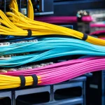 Macro of brightly coloured fibre-optic patch cables