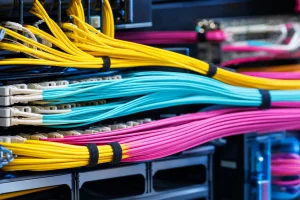 Macro of brightly coloured fibre-optic patch cables