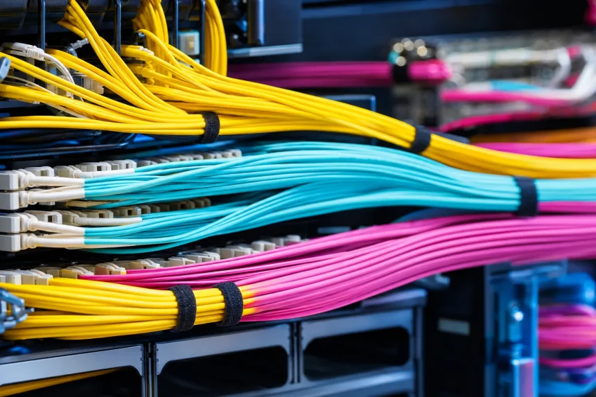 Macro of brightly coloured fibre-optic patch cables