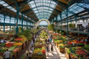 The iron-and-glass interior of a covered market hall in daylight
