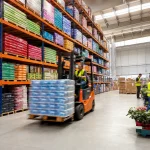 A bright warehouse aisle with tall racking and a forklift in motion