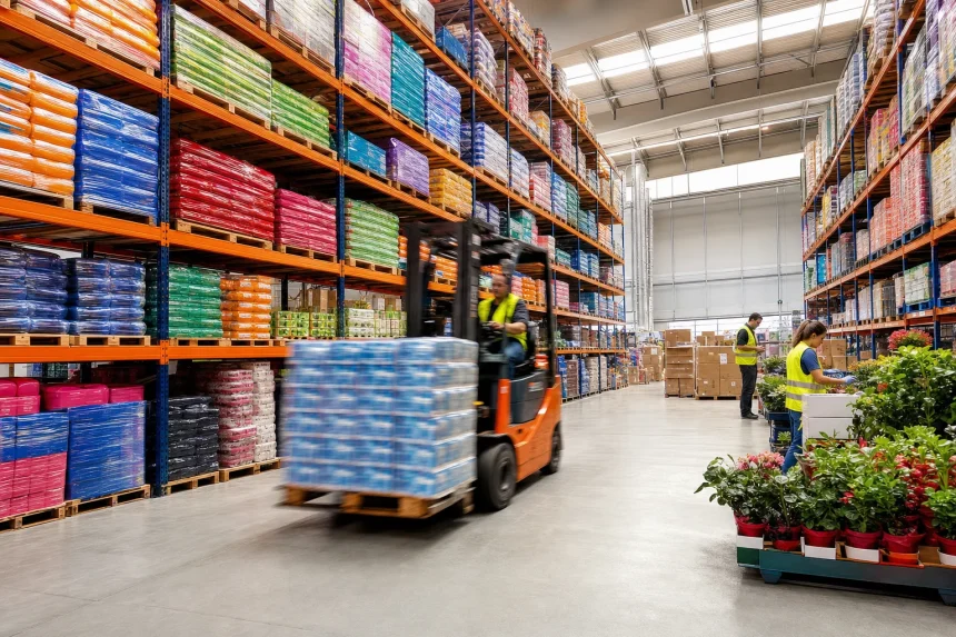 A bright warehouse aisle with tall racking and a forklift in motion