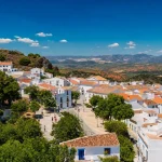 Aerial view of a white Andalusian hill town among olive groves