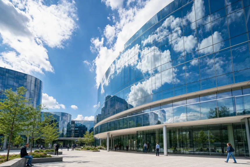 A glass administration building reflecting the sky