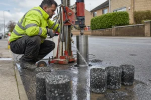A core-drilling rig cutting a cylindrical sample from a road surface, with extracted cores on the kerb