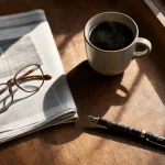 A folded newspaper, reading glasses and a cup of coffee on a desk in strong morning light