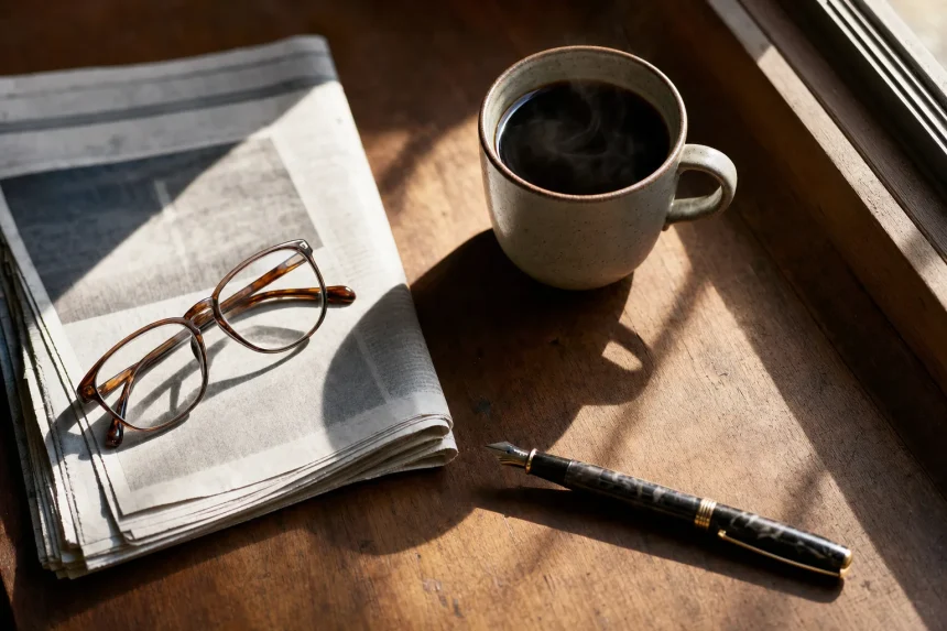 A folded newspaper, reading glasses and a cup of coffee on a desk in strong morning light