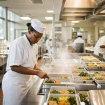 Cooks plating rows of meal trays on a stainless steel line in a large daylit kitchen