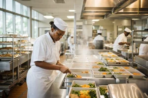 Cooks plating rows of meal trays on a stainless steel line in a large daylit kitchen