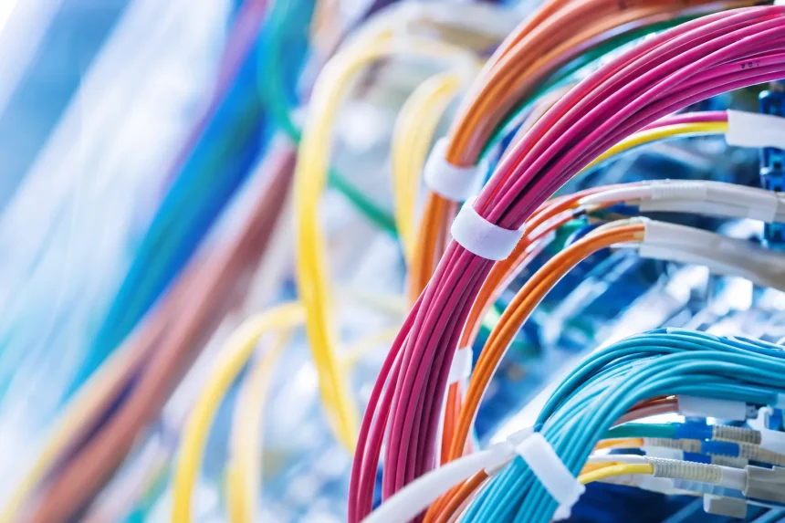 Densely bundled fibre-optic patch cables in many colours, in close-up