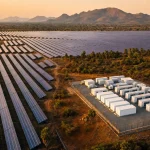 A large solar farm photographed from the air at golden hour, with a battery compound at one edge