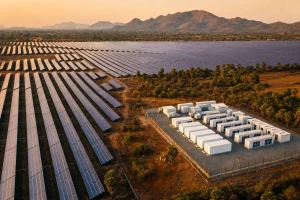 A large solar farm photographed from the air at golden hour, with a battery compound at one edge