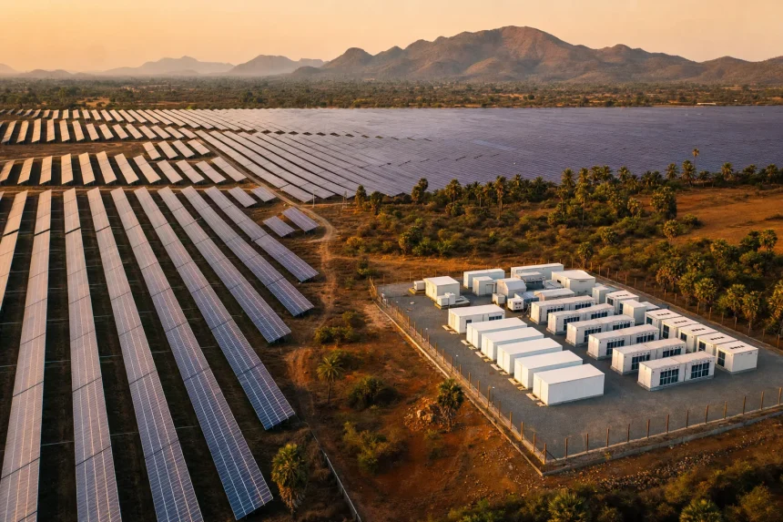 A large solar farm photographed from the air at golden hour, with a battery compound at one edge