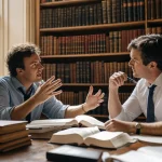 Two lawyers in a sunlit library mid-discussion over open case books