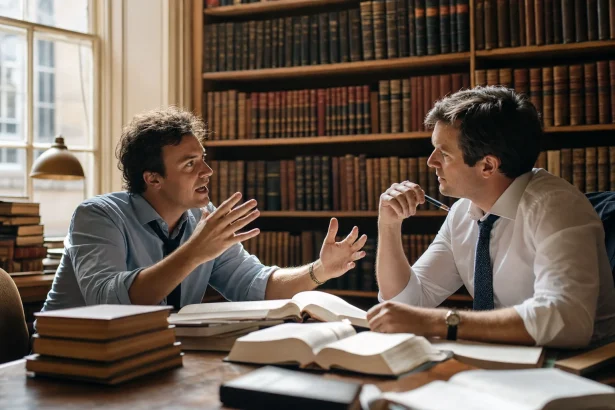 Two lawyers in a sunlit library mid-discussion over open case books