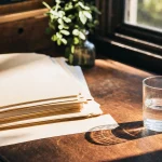 A stack of plain folders on a sunlit wooden desk, one folder drawn slightly out of the pile