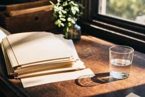 A stack of plain folders on a sunlit wooden desk, one folder drawn slightly out of the pile