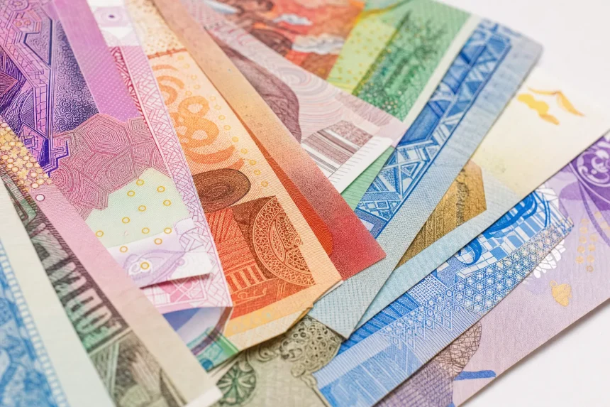 Macro of overlapping banknotes from many countries in strong colour