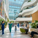 A bright modern hospital atrium with curved balconies and a glass roof