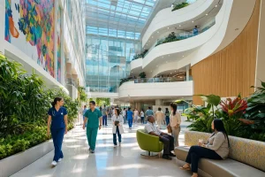 A bright modern hospital atrium with curved balconies and a glass roof