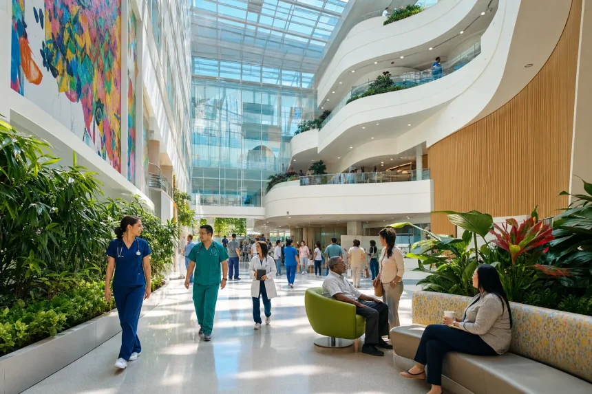 A bright modern hospital atrium with curved balconies and a glass roof