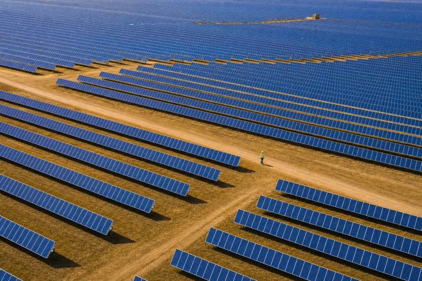 Aerial view of a large solar farm with panels in rows across golden ground