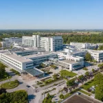 Aerial view of a large modern hospital complex among parkland