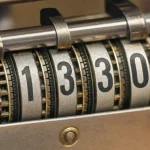 Macro of a mechanical counter wheel showing rolling digits