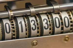 Macro of a mechanical counter wheel showing rolling digits