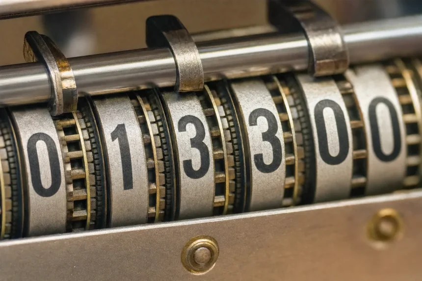 Macro of a mechanical counter wheel showing rolling digits