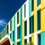 A modern facade of repeating coloured panels against a blue sky