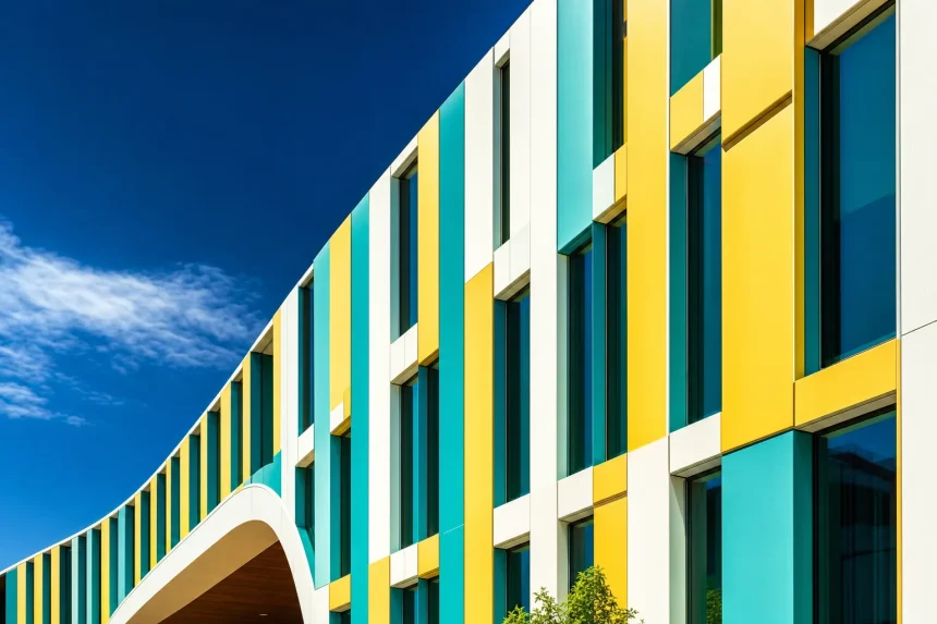 A modern facade of repeating coloured panels against a blue sky
