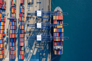 Aerial view of a container terminal with a ship at berth