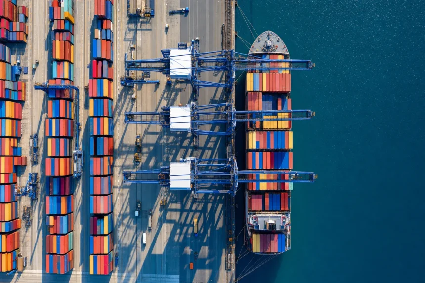 Aerial view of a container terminal with a ship at berth