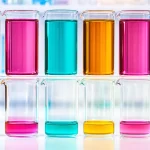 Two rows of laboratory beakers, one full and one nearly empty