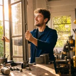 A young engineer opening a workshop window to morning sun