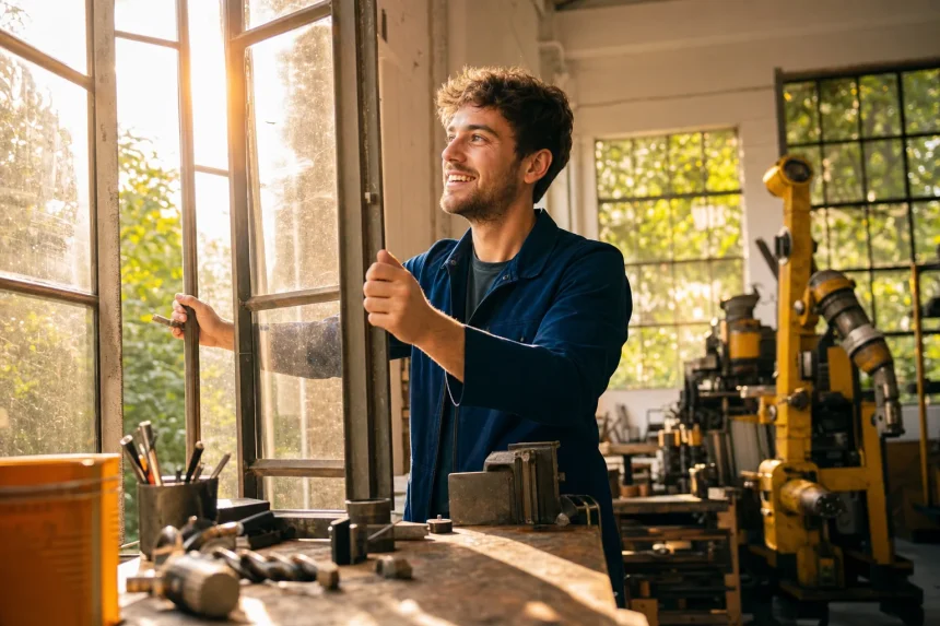 A young engineer opening a workshop window to morning sun