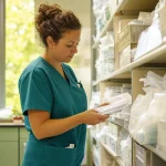 A hospital supply nurse checking packaged stock in daylight