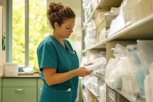 A hospital supply nurse checking packaged stock in daylight