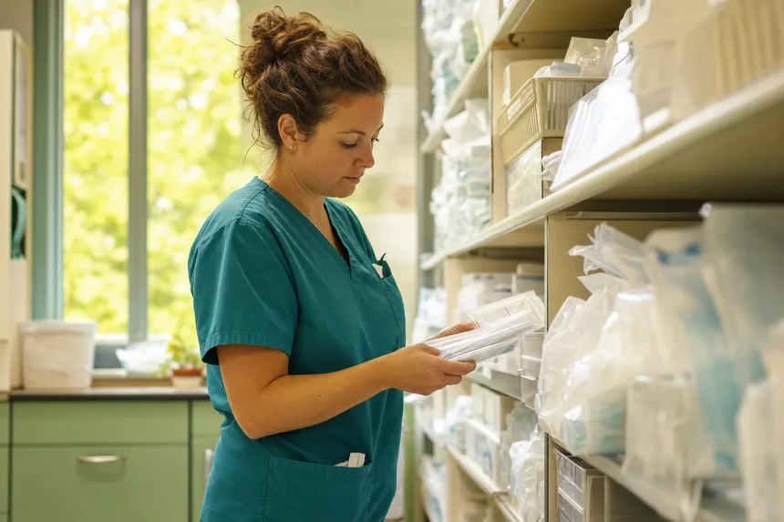 A hospital supply nurse checking packaged stock in daylight