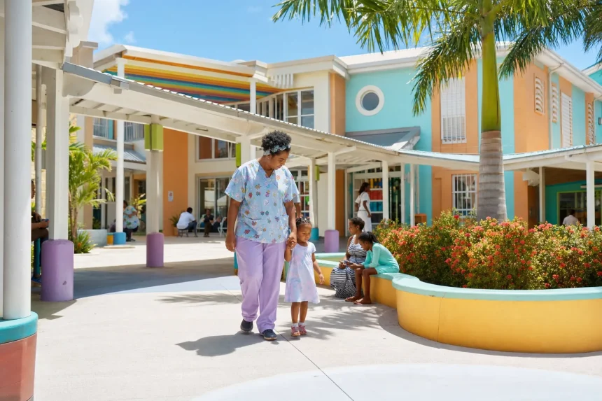 A Caribbean hospital exterior in full sun with palm trees