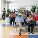 A bright social-security clinic waiting hall in full daylight