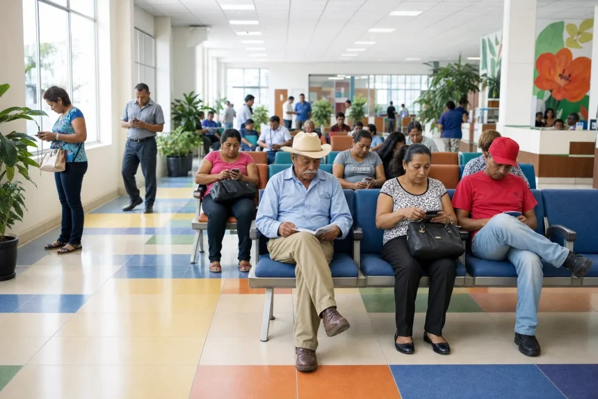 A bright social-security clinic waiting hall in full daylight