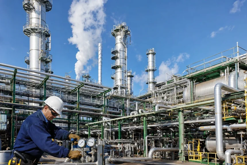 A petrochemical refinery with silver towers against a bright blue sky