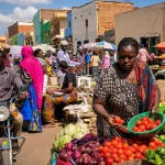 A busy East African district market street at midday