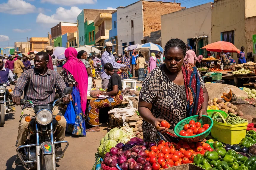 A busy East African district market street at midday
