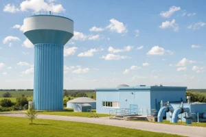 A municipal water tower and pumping station in bright afternoon light